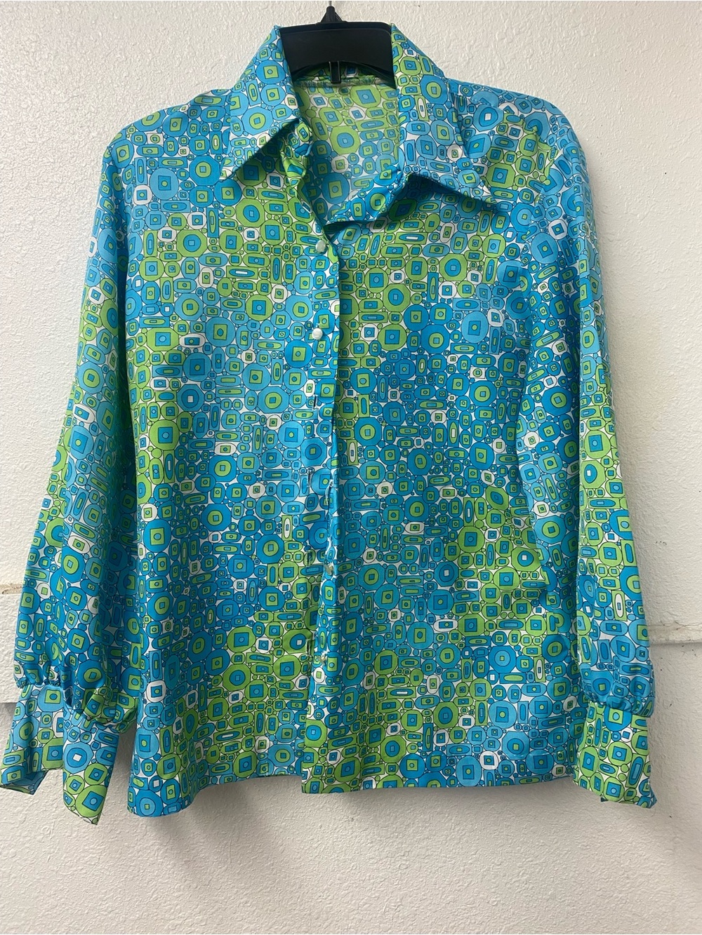 Vintage Blue and Green Geometric Button-Down Shirt